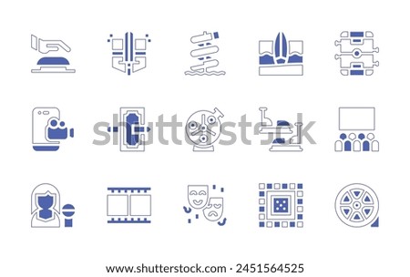 Entertainment icon set. Duotone style line stroke and bold. Vector illustration. Containing record, film strip, singer, buzzer, water slide, theater, theatre, table soccer, lottery, medieval, surf.