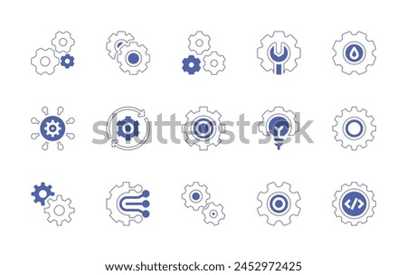 Gear icon set. Duotone style line stroke and bold. Vector illustration. Containing gears, settings, management, software development, setting, connection, concept, maintenance, progress, admin.