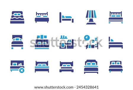 Bedroom icon set. Duotone color. Vector illustration. Containing bed, bedding, bedroom, double bed, no food in bedrooms, lamp, queen bed, sleeping.