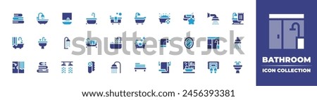 Bathroom icon collection. Duotone color. Vector illustration. Containing bathtub, mat, towels, bathroom, paper, towel rail, shower, mirror, bath, sink, towel, soap.