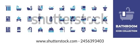 Bathroom icon collection. Duotone color. Vector illustration. Containing bathtub, sink, bath, restroom, bathroom, curtain, shower, bathrobe, hair dryer, towel warmer, bottle.