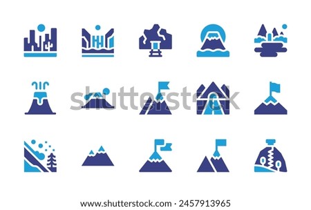 Mountain icon set. Duotone color. Vector illustration. Containing mountains, waterfalls, fujimountain, goal, road, achievement, mine, avalanche, canyon, volcano.