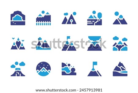 Mountain icon set. Duotone color. Vector illustration. Containing mountain, mountains, nature, goal, lake, avalanche, eruption.