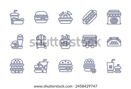 Fast food line icon set. Editable stroke. Vector illustration. Containing tacos, hamburger, fast food, no fast food, truck, stand, burger, fries, nachos.