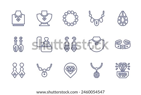 Jewelry line icon set. Editable stroke. Vector illustration. Containing jewelry, bracelet, earrings, diamond, necklace, jade, engagement ring.