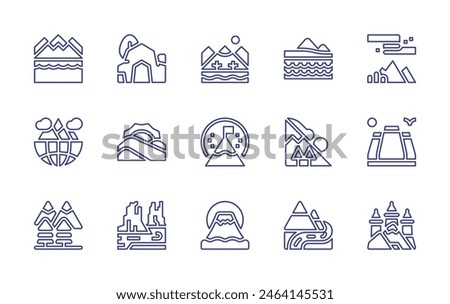 Mountain line icon set. Editable stroke. Vector illustration. Containing mountain, fujimountain, northernlights, lake, avalanche, river, cave, castle, landscape, ecotherapy, colorado.