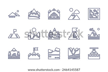 Mountain line icon set. Editable stroke. Vector illustration. Containing mountain, goal, cabin, landscape, bennevis, landslide, volcano, volcanicactivity.