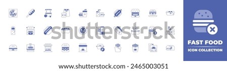 Fast food icon collection. Duotone style line stroke and bold. Vector illustration. Containing menu, hot dog, no fast food, stall, delivery, container, store, pizza, fries.