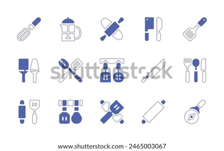 Utensil icon set. Duotone style line stroke and bold. Vector illustration. Containing kitchen utensils, rolling pin, utensils, turner, french press, kitchen tools, pizza cutter, whisk, knife.