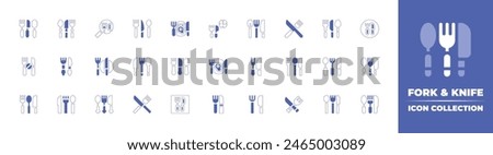 Fork and knife icon collection. Duotone style line stroke and bold. Vector illustration. Containing cutlery, fork, knife, appetite, restaurant, silverware, search, time to eat, dinner, gastronomy.