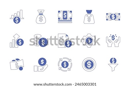 Dollar icon set. Duotone style line stroke and bold. Vector illustration. Containing profit, settings, money bag, finance, dollar, money, price list, dollar note, coin, circular economy, dollar coin.