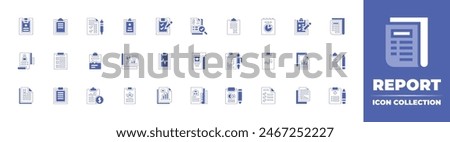 Report icon collection. Duotone style line stroke and bold. Vector illustration. Containing analytics, check list, report, statement, clipboard, error, analysis, economic, newspaper, results, medical.