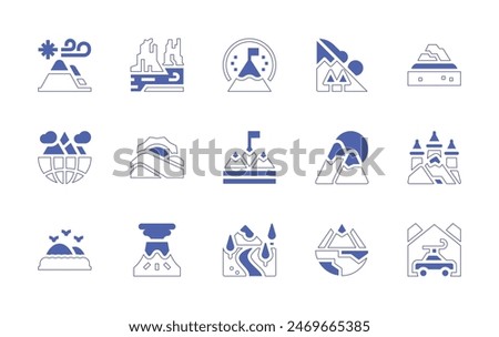 Mountain icon set. Duotone style line stroke and bold. Vector illustration. Containing mountain, valley, goal, avalanche, castle, landscape, volcano, car, colorado, island.