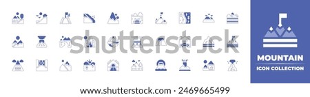 Mountain icon collection. Duotone style line stroke and bold. Vector illustration. Containing mountains, mountain, mountainroad, goal, hill, avalanche, chairlift, lake, waterfall, river, road, cave.