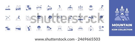 Mountain icon collection. Duotone style line stroke and bold. Vector illustration. Containing mountain, mountains, canyon, lake, volcano, avalanche, fuji, waterfall, river, goal, colorado, bay.