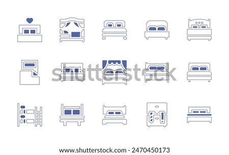 Bedroom icon set. Duotone style line stroke and bold. Vector illustration. Containing canopy bed, queen, bed, clothes, bunk bed, double, bedroom.