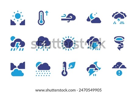 Weather forecast icon set. Duotone color. Vector illustration. Containing inclementweather, storm, thunderstorm, night, day, autumn, drizzle, sun, clouds, wind, thunder, hightemperatures, tornado. 