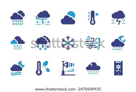 Weather forecast icon set. Duotone color. Vector illustration. Containing wind, fog, weatherforecast, weather, cold, snow, snowflake, thermometer, rain, storm, rainynight, windsock, cloud, drizzle. 