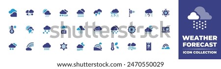Weather forecast icon collection. Duotone color. Vector illustration. Containing fog, weatherforecast, forecaster, monsoon, smog, storm, thermometer, snowfall, snow, sun, rainynight, rainbow, drizzle.