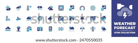 Weather forecast icon collection. Duotone color. Vector illustration. Containing weatherforecast, tornado, forecast, sunrise, rain, rainynight, snowy, wind, snowflake, thermometer, drizzle, windy.