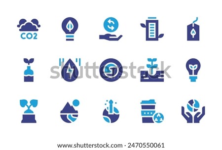 Environment icon set. Duotone color. Vector illustration. Containing candle, ecology, plantatree, atmosphere, responsability, greenenergy, pottingsoil, co, bulb, mountain, battery, reusable.