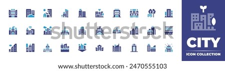 City icon collection. Duotone color. Vector illustration. Containing building, flood, castle, city, smartcity, school, cityhall, parliament, buildings, skyscraper, casablanca, ngo, architecture.