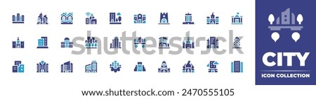 City icon collection. Duotone color. Vector illustration. Containing smartcity, greens, skyscrapper, redsquare, building, floatingisland, migration, gherkin, castle, cityhall, skyscraper, office.