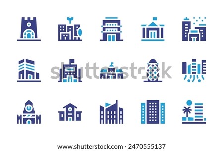 City icon set. Duotone color. Vector illustration. Containing townhall, tower, redsquare, school, gherkin, smartcity, city, sustainablecity, parliament, office, ngo, architecture, building.