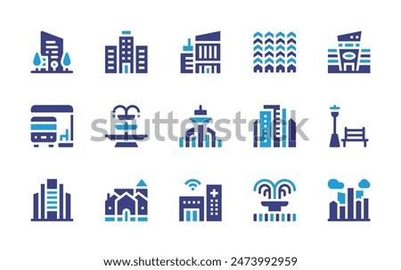 Urban icon set. Duotone color. Vector illustration. Containing city, building, hospital, busstop, street, fountain, village, cityscape, mall, houses, company.