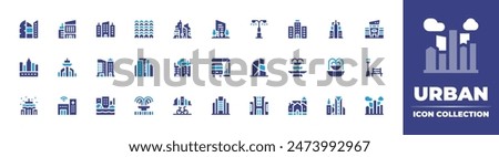 Urban icon collection. Duotone color. Vector illustration. Containing building, bike, city, urbanity, fountain, canal, skyscrapers, officebuilding, streetlight, hospital, busstop, street, village.