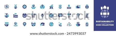 Sustainability icon collection. Duotone color. Vector illustration. Containing global, gear, factory, renewable, ecolight, sustainable, sustainabletravel, sustainability, ecology, earth, ecohouse.