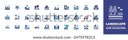 Landscape icon collection. Duotone color. Vector illustration. Containing landscape, field, niagarafalls, waterfall, mountains, dune, mountain, river, trees, beach.