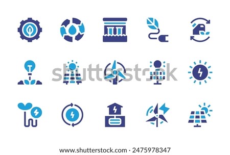 Renewable energy icon set. Duotone color. Vector illustration. Containing windmill, solarpanel, electricity, renewableenergy, greenenergy, solarenergy, dam, nature.