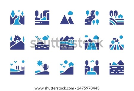 Landscape icon set. Duotone color. Vector illustration. Containing hill, landscape, house, field, river, desert, waterfall, island.