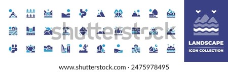 Landscape icon collection. Duotone color. Vector illustration. Containing river, landscape, farm, cliff, island, desert, iceberg, cadiz, mountain, waterfall, forest, sunset, dunes.