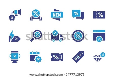 Discounts icon set. Duotone color. Vector illustration. Containing discount, sticker, flashsale, promotion, megaphone, shipping, voucher, magnifyingglass.