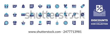 Discounts icon collection. Duotone color. Vector illustration. Containing discount, sale, sales, magnifyingglass, voucher, mortgageloan, laptop, advertisement.