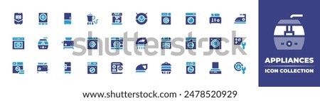 Appliances icon collection. Duotone color. Vector illustration. Containing laundry, washingmachine, washer, toaster, toast, iron, refrigerator, cookingtime, mixer, humidifier.