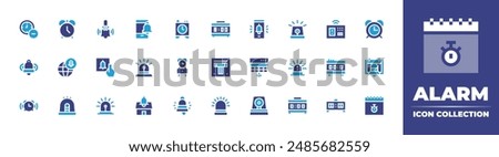 Alarm icon collection. Duotone color. Vector illustration. Containing alarmclock, alarm, firealarm, notification, siren, bell, remove, smarthome, world.