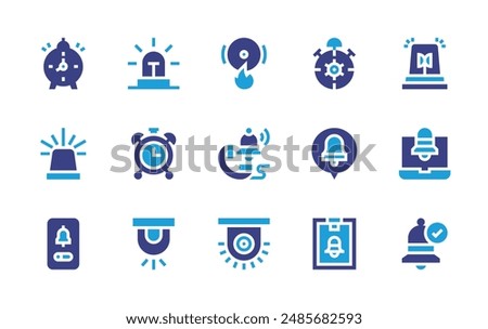 Alarm icon set. Duotone color. Vector illustration. Containing firealarm, alarmbell, alarmclock, alarm, flasher, siren, clipboard, notifications.