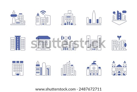 City icon set. Duotone style line stroke and bold. Vector illustration. Containing smartcity, retirementhome, city, sustainablecity, building, obelisk, telecommunications, ngo.