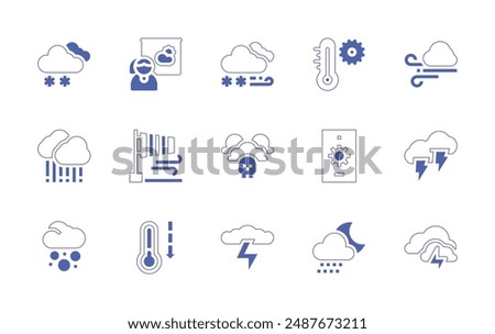Weather forecast icon set. Duotone style line stroke and bold. Vector illustration. Containing weatherforecast, extremeweather, meteorology, hot, wind, windflag, raining, snow, blizzard, lightnings.