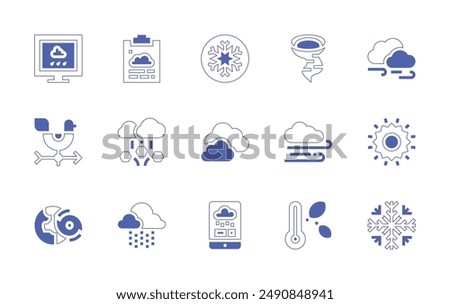 Weather forecast icon set. Duotone style line stroke and bold. Vector illustration. Containing cloudy, report, weathercock, weatherapp, weather, snowflake, drizzle, hail, hurricane.