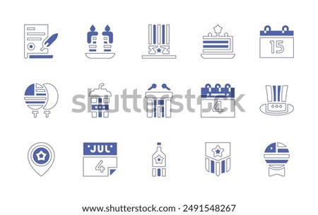 Independence day icon set. Duotone style line stroke and bold. Vector illustration. Containing placeholder, balloon, cake, bottle, thofjuly, tribune, drink, document, emblem, candle, hat.