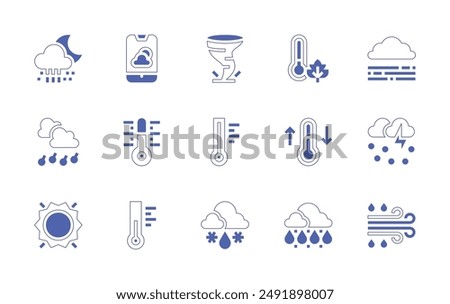 Weather forecast icon set. Duotone style line stroke and bold. Vector illustration. Containing temperature, cloudy, thermometer, sun, hailstorm, tornado, snowy, rain, sleet.