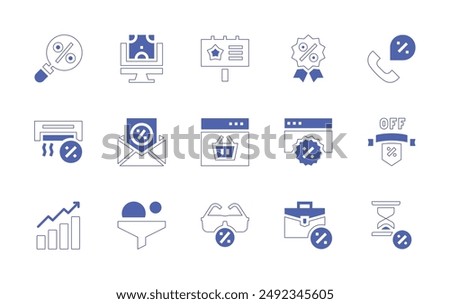 Sales icon set. Duotone style line stroke and bold. Vector illustration. Containing sale, billboard, discount, onlineshopping, briefcase, offer, eyeglasses.