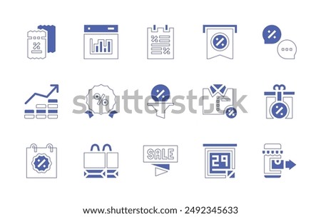 Sales icon set. Duotone style line stroke and bold. Vector illustration. Containing money, sales, sale, clothes, discount, bargraph, calendar, filter, discountvoucher.