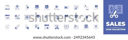 Sales icon collection. Duotone style line stroke and bold. Vector illustration. Containing sales, sale, lifesaver, investment, payment, smartphone, mail, bargraph, call, discount.