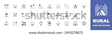 Rural icon collection. Duotone style line stroke and bold. Vector illustration. Containing field, campingtent, barn, swamp, hills, tent, landscape, scarecrow, house, windmill, taiga.