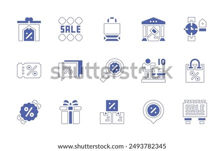 Sales icon set. Duotone style line stroke and bold. Vector illustration. Containing sales, chat, gift, coupon, museum, discount, seller, magnifyingglass, label, paperbag, placeholder.